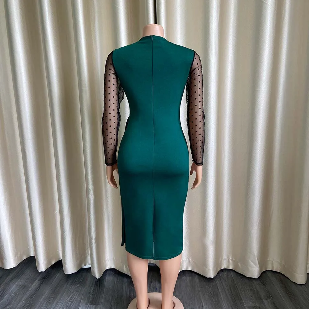 Dresses Women 2023 Autumn Fashion Mesh Spliced Long Sleeve Slim Fit Wrap Hip Split Temperament Elegant Dress Female Clothing