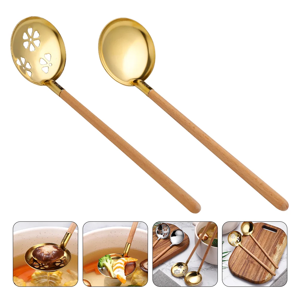 

2Pcs HotPot Colander Slotted Spoon StainlessSteel WoodenHandle SoupLadle RetroDurable FoodGrade304 SafeDishwasher
