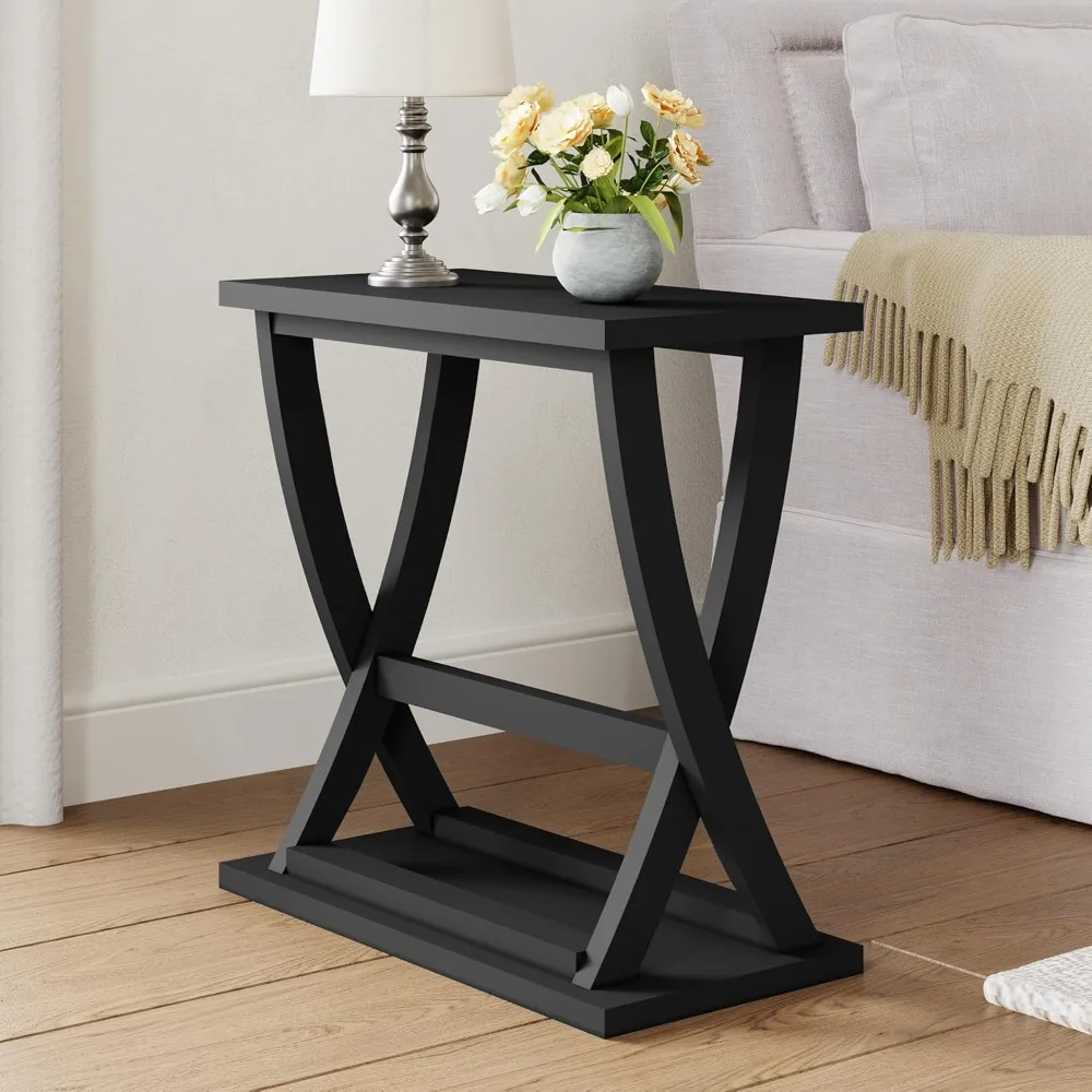 

Black End Table, Narrow Side Table with Storage Shelf, Modern X-Design Slim End Table for Living Room,Bedroom, Small Space