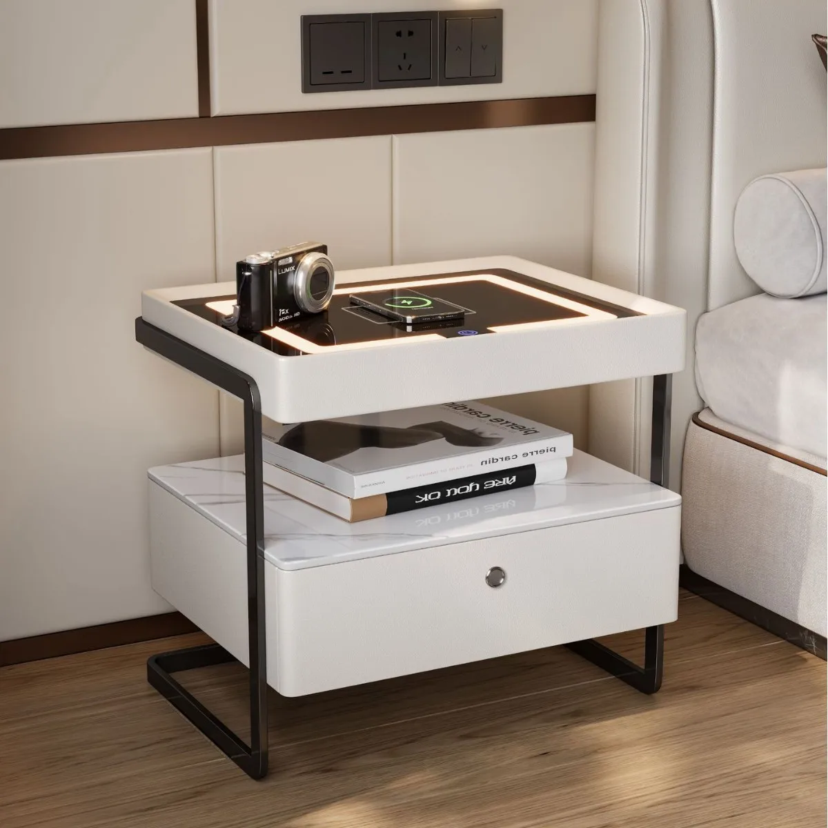 *Wood Nightstand Solid Wireless Charging   Smart