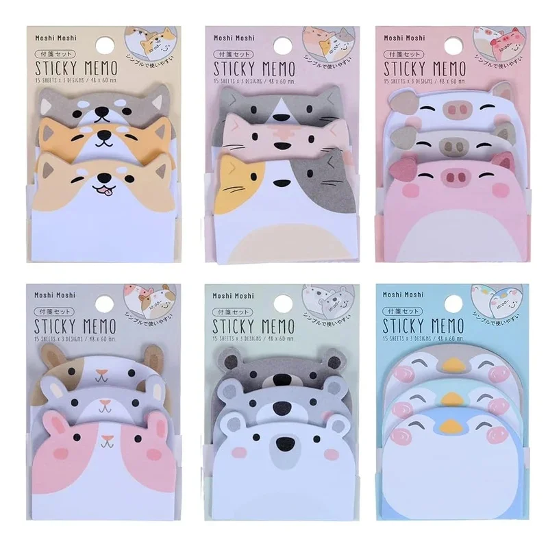 270 Sheets 6 Pads Cute Cartoon Sticky Notes Kawaii Animals Shape Markers Flags Self-Stick Memo Pads Office Gifts Tab Supplies