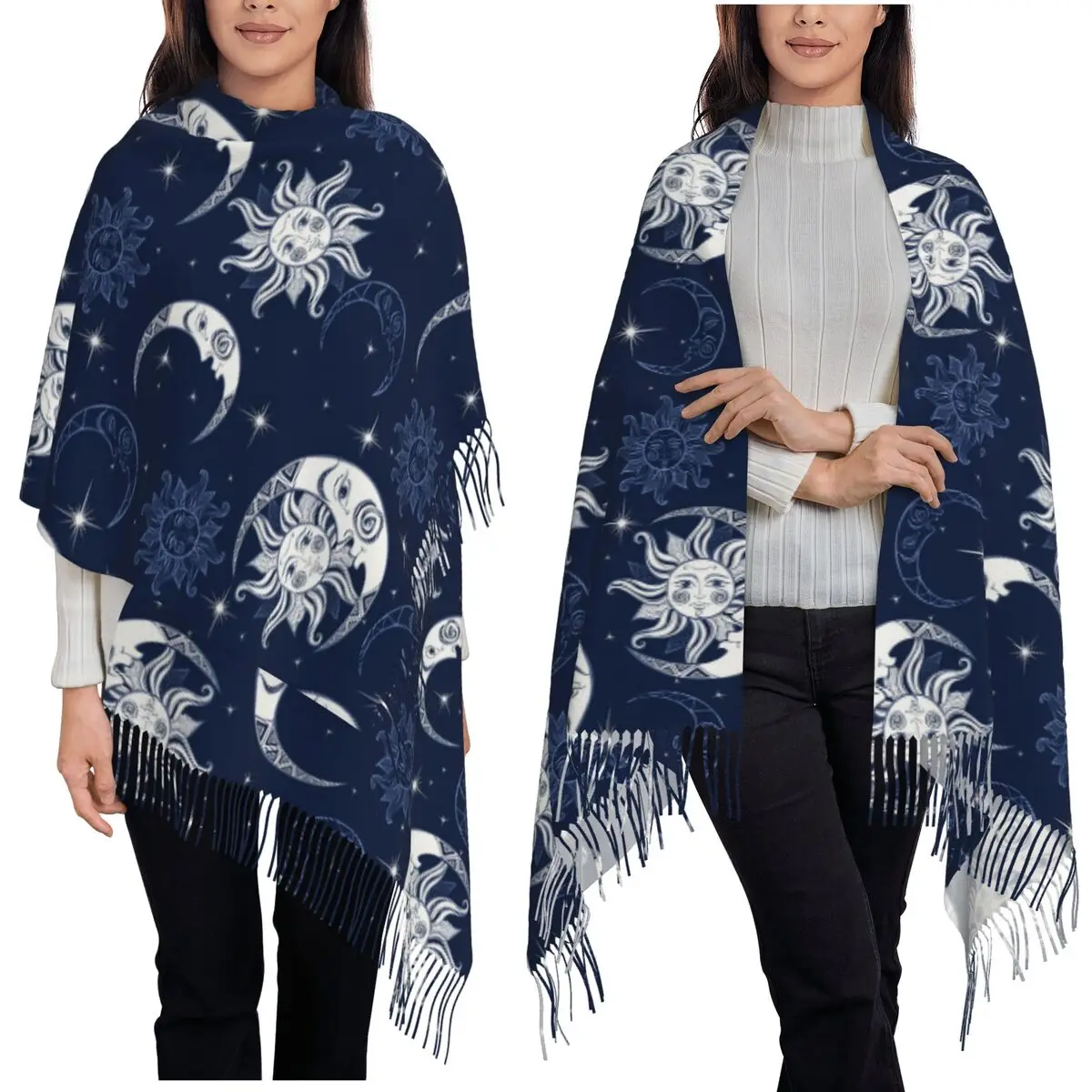 

Небесный мистический эзотерический волшебный шарф с изображением Солнца и Луны, шарфы с кисточками, женские мягкие теплые шали и накидки, длинная осенне-зимняя шаль