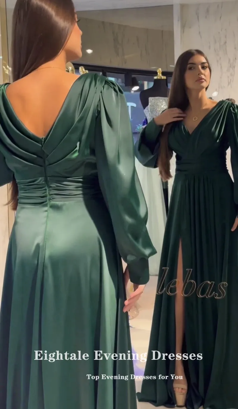 Eightale Dark Green Evening Dresses V-Neck Long Sleeves A-Line Pleats Floor Length Prom Party Gown Wedding Vestidos De Gala