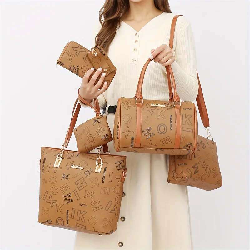 6pcs Women Retro Letter Print Shoulder Bag Suit Fashion Handbag Wallet Key Bags Multifunctional Storage Large Capacity Tote Bags