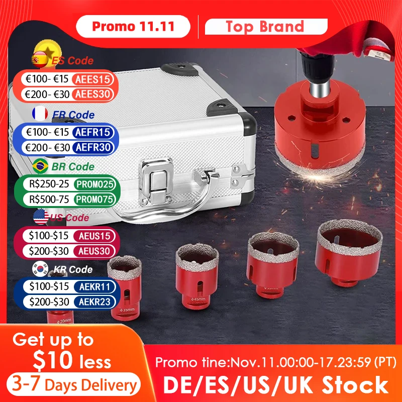 5pcs Diamond Hole Saw kits M14 20/35/45/55/72mm Diamond Core Bit With Aluminum Case,Cutting Ceramic Marble Porcelain Glass Tiles