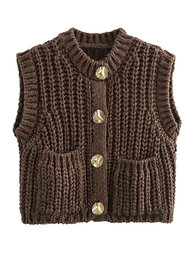 Casual Knit Waistcoat Women Solid O Neck Single Breasted Sleeveless Pocket Sweater Vests 2024 Autumn Winter Vintage Lady Tops