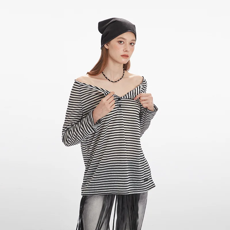 High Quality Hot Selling Wholesale Autumn New One Collar Striped Loose Long Sleeved T-shirt Lazy Inner Wear Sunscreen Top Women