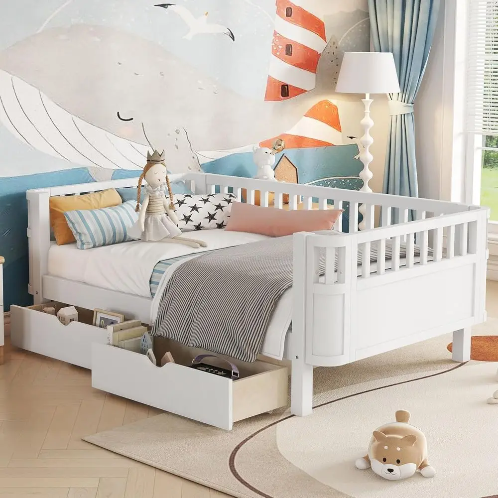 

Twin Bed with Safety Rails for Kids, Low Profile Daybed with Storage and Rounded Corners