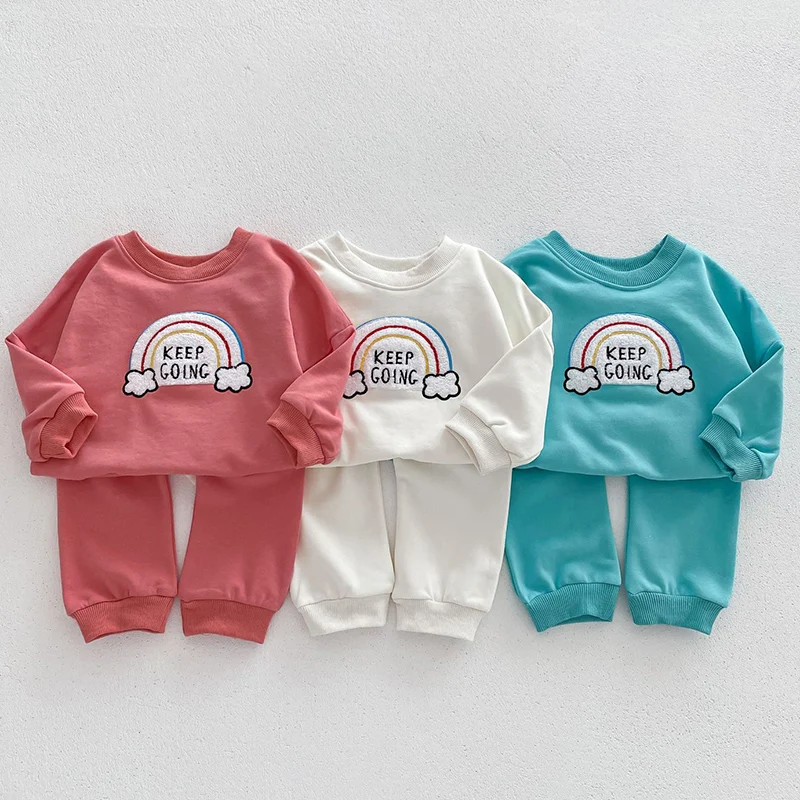 

Korean Baby Boy Girl Clothes Set Cotton Newborn Infant Outfits Long Sleeve Children Rainbow Print Sweatshirt + Pants Clothing