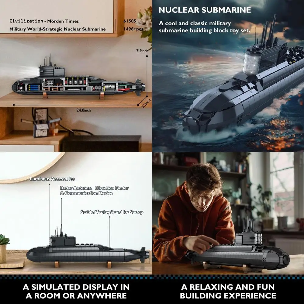 Kit modello sottomarino militare per adulti con luci, 1498 pezzi, da collezione a tema WW2 per decorazioni domestiche e appassionati di giocattoli dell'esercito
