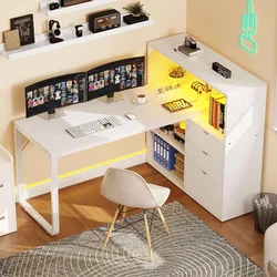 L Shaped Desk with Drawers, 55 Inch Large Computer Desk Corner Desk with Power Outlets & LED Lights, Home