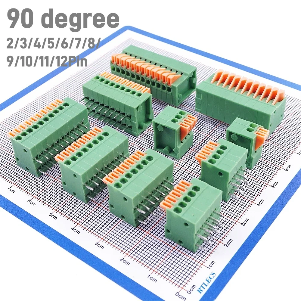 10 50 pcs 2.54mm Pitch Spring Terminal Blocks Connector 2 3 4 5 6 7 8 9 10 11 12 Pin Right Angle Through Hole PCB Solder 0.100'