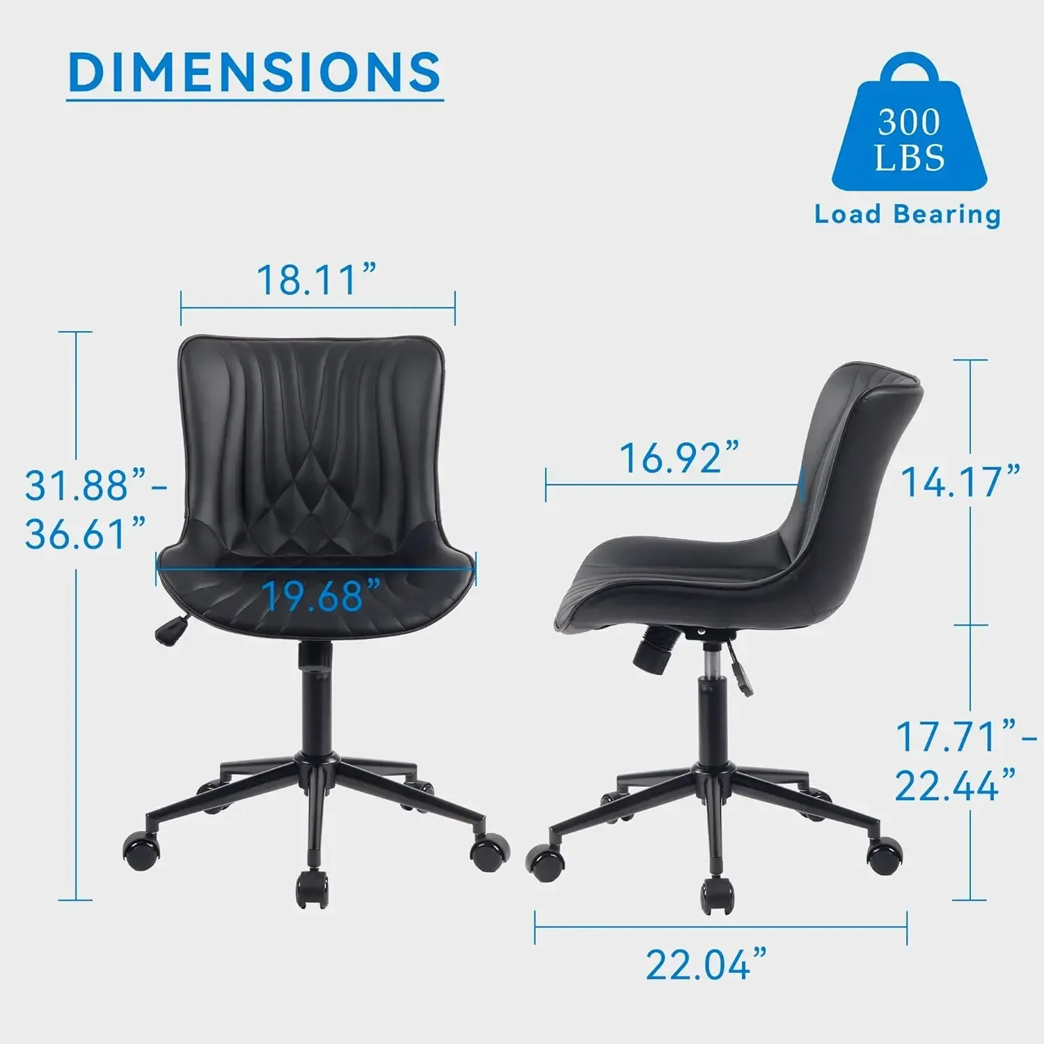 Silla de escritorio sin brazos con ruedas para oficina en casa, silla de trabajo para computadora, silla de tocador acolchada de piel sintética