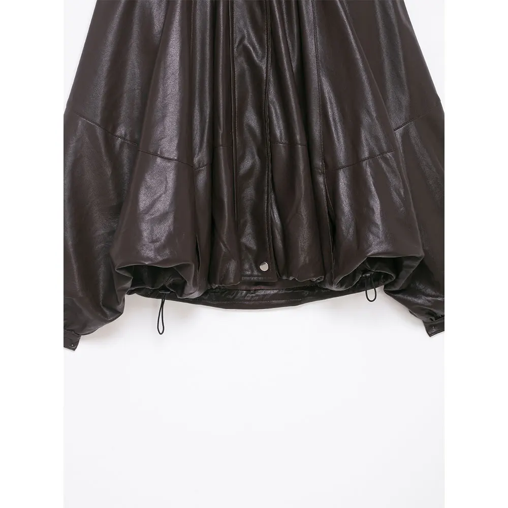 เสื้อแจ็คเก็ตบอมเบอร์ผู้หญิงแฟชั่น PU สีน้ำตาล จีบระบาย คอสูง แขนยาว สไตล์ลำลอง สวยสง่า ทันสมัย