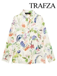 TRAFZA 2024 Women's Summer Clothing Retro Floral Print Casual Shirt Lapel Single Breasted Button Up Women's Long Sleeve Shirt