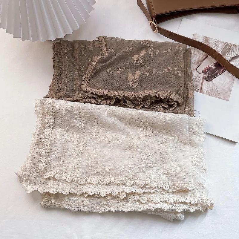 Vintage Hollow Lace Scarf Women\'s Shawl Silk Scarf Transparent White Gauze Embroidered Thin Cotton and Linen Spring and Autumn