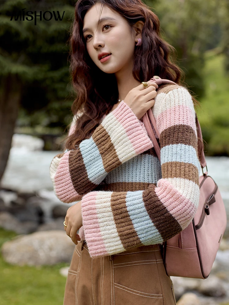 MISHOW Rainbow Contrasting Striped Sweaters 2024 Autumn Flared Sleeve Wool Blend Sweater O Neck Short Knitted Tops MXD41Z0750