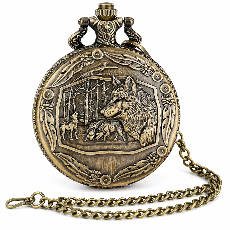 

Vintage Carved Wolf Quartz Pocket Watch Case with Necklace Pendant Chain Arabic Digital Fob Watch Men's and Women's Gift