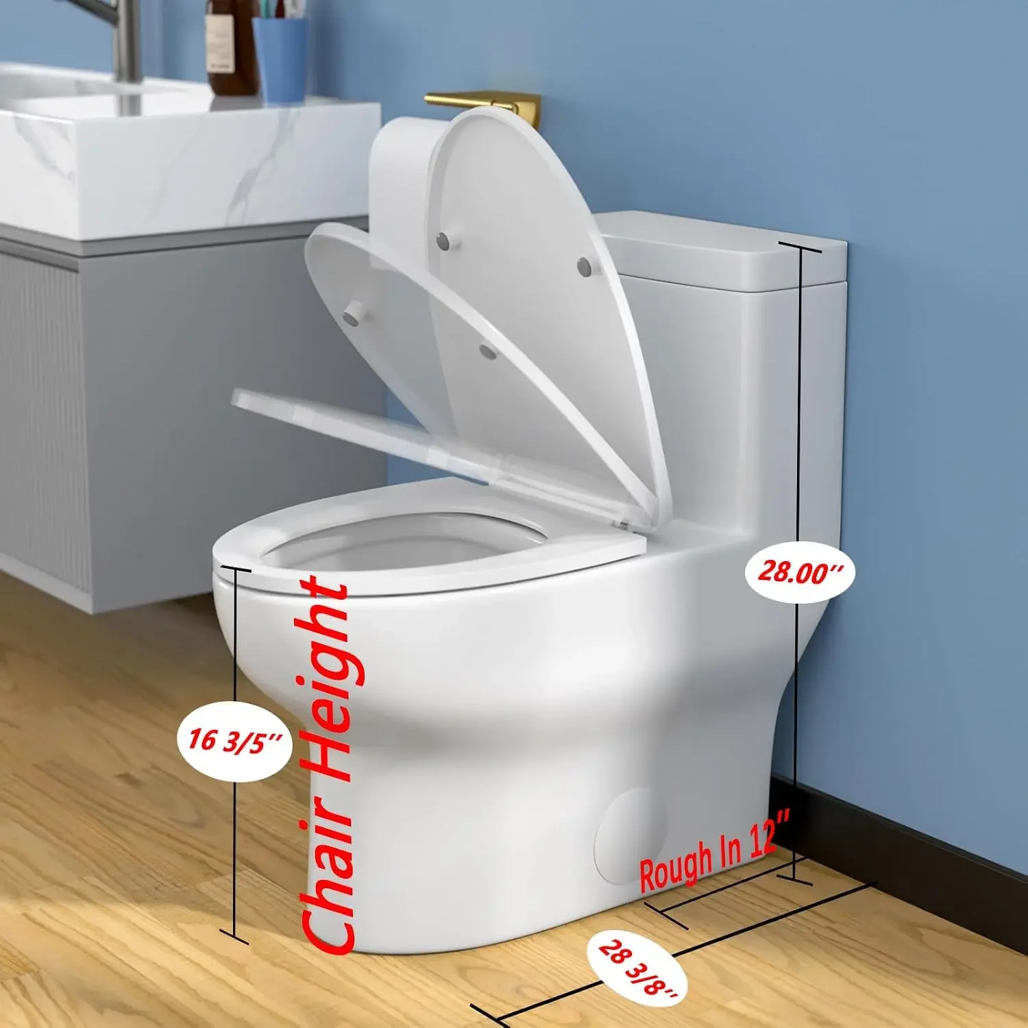 One Piece Toilet, 17'' Height Comfort Chair Seat, Compact Elongated Toilet for Bathrooms, Single Flush High Efficiency, 1.28 GPF