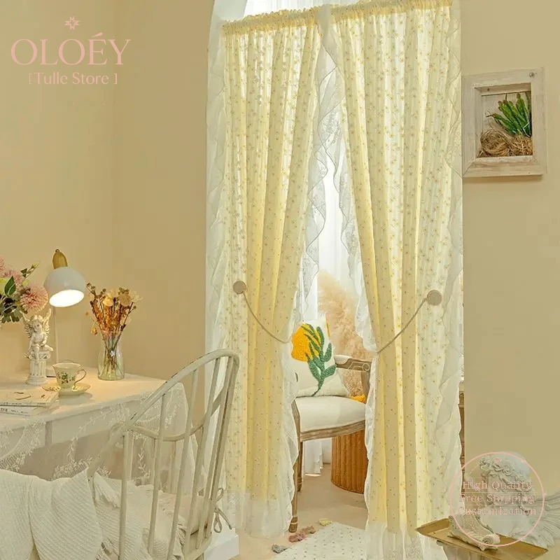 

Korean Daisy Curtains, Ruffle Trim Translucent Curtains, Floral Farmhouse Window Curtains for Kitchen Dining Living Room, 1panel