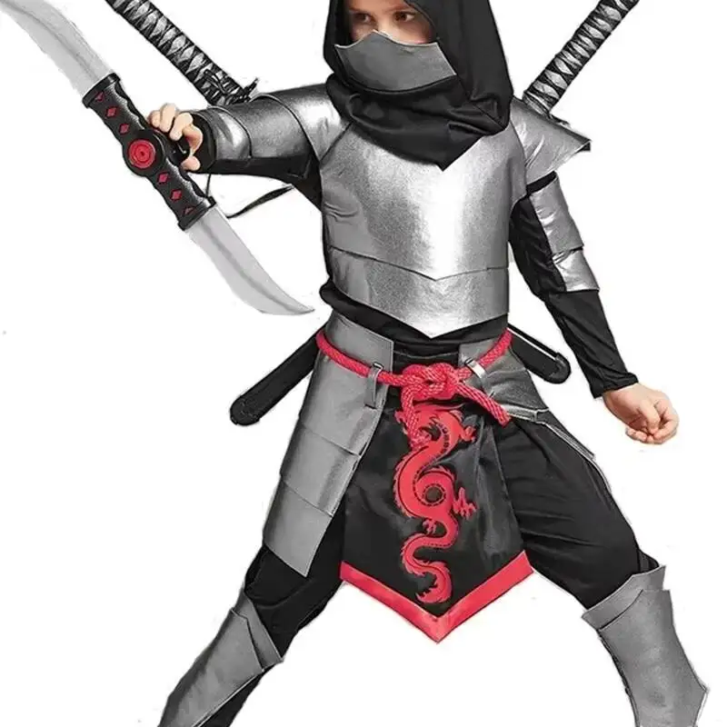 

2026 New Arrival Child Dragon Ninja Halloween Silver Cosplay Ninja Costume For Boys Kids Christmas Carnival Purim Clothes