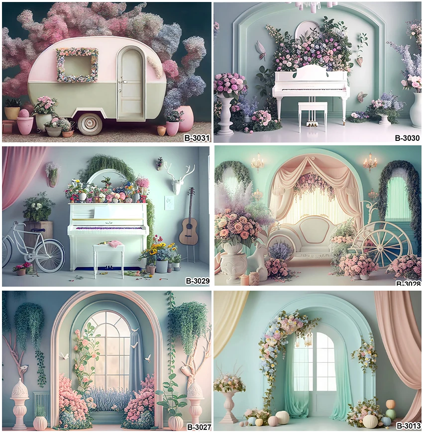 

Photography Indoor Interior Piano Floral Wedding Decoration Bicycle Car Plants Backdrops Curtain Cake Smash Backgrounds Banner