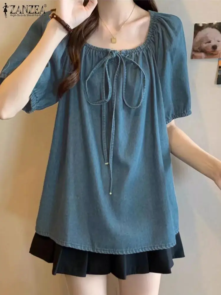 ZANZEA Women Summer Denim Blouse Korean Fashion Puff Short Sleeve Tops Casual Loose Solid Lace-up Tunics 2024 Casual Loose Blusa