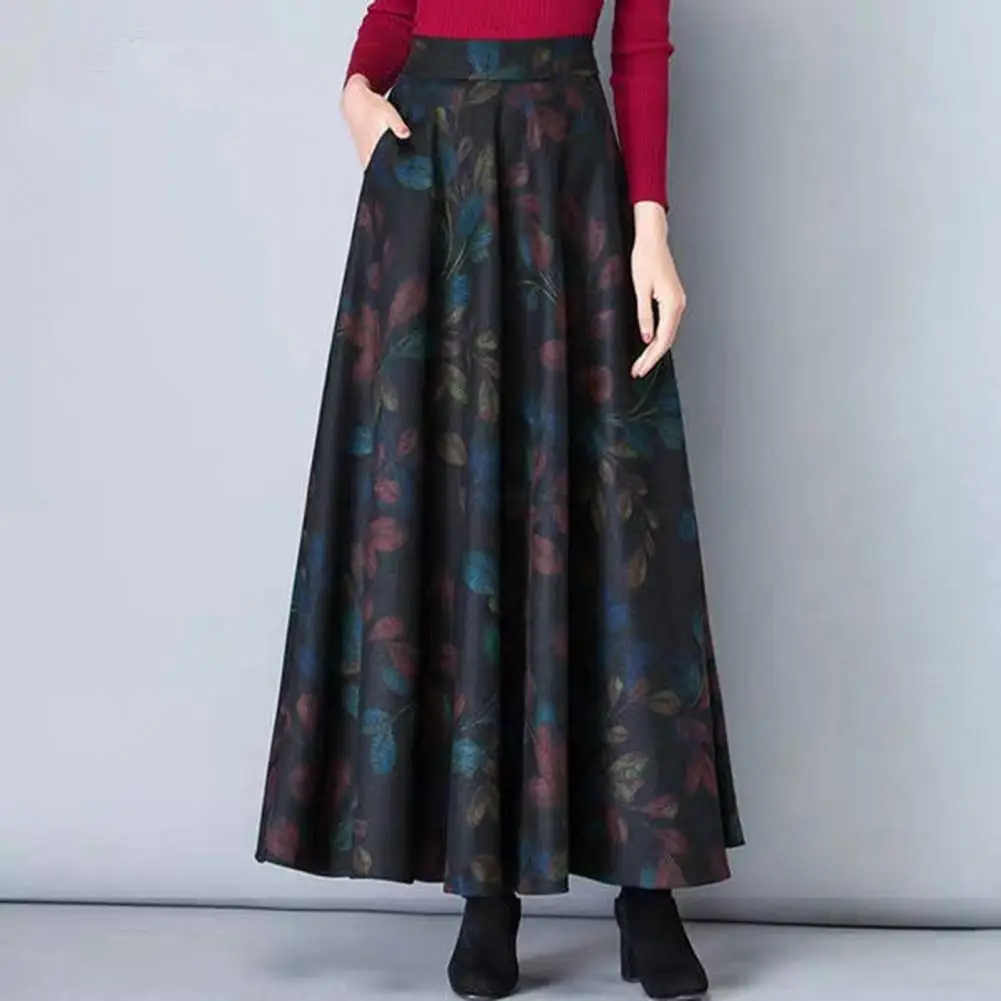 Autumn Winter Woolen Skirt Elegant Woolen Maxi Skirt with Pockets Plaid Pattern A-line Design High Waist Elastic for Wear