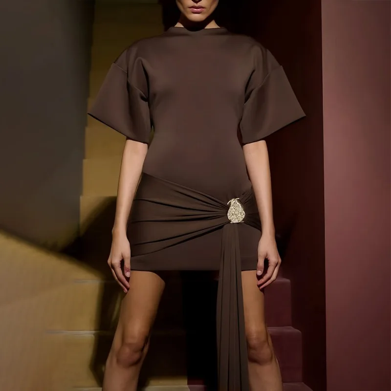 Metal Buckle Ruched Ribbon Women Sexy Mini Dress Solid O Neck Short Sleeve Bodycon Club Party Dresses Casual Streetwear Outfits