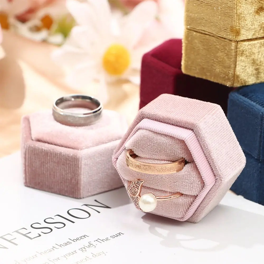 Wedding Hexagon Shape Colorful Double Ring Storage Box Velvet Jewelry Box Ring Display Box Earrings Storage Box