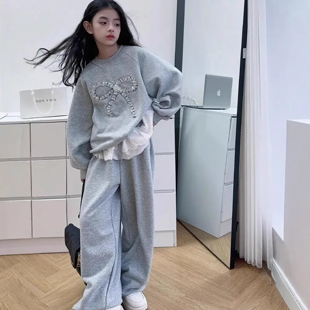 2025 الخريف الشتاء فتاة القماش الدب الدانتيل فضفاض القوس البلوز تي شيرت أعلى + واسعة الساق بانت المراهقين الطفل مجموعة 4 10 12 15 سنة #5