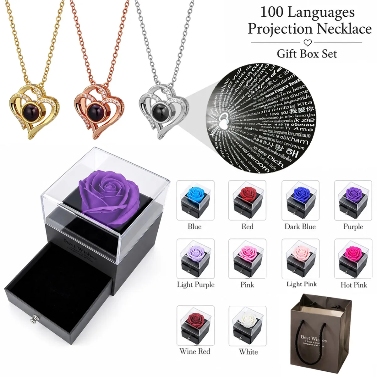 100 Languages I Love You Projection Luxury Heart Pendant Necklace With Multi Color Rose Gift Box Birthday Valentine's For Women