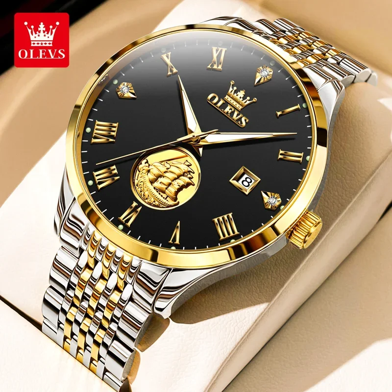 

Olevs 6696 automatic watch men luxury real gold sailboat stainless steel waterproof date men's mechanical wristwatch