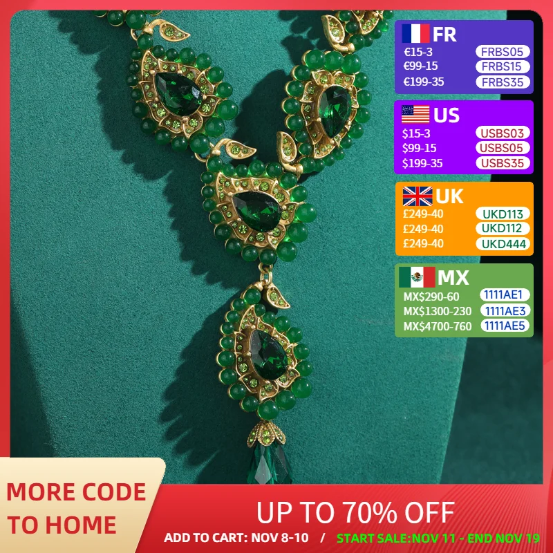 

Vintage Emerald Green Necklace Pendant Chain Crystal Eye Natural Glass Luxury Designer Jewelry Gold Color Party Anniversary 2025