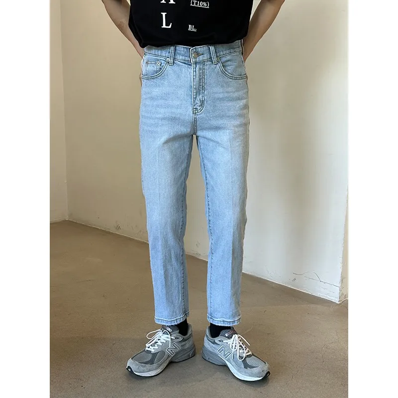 

Waed Blue Straight Leg Jeans Men's Simple Casual Slim Fit Nine Point Pants Spring 2023 Youth Faion Low Waist Zipper Fly