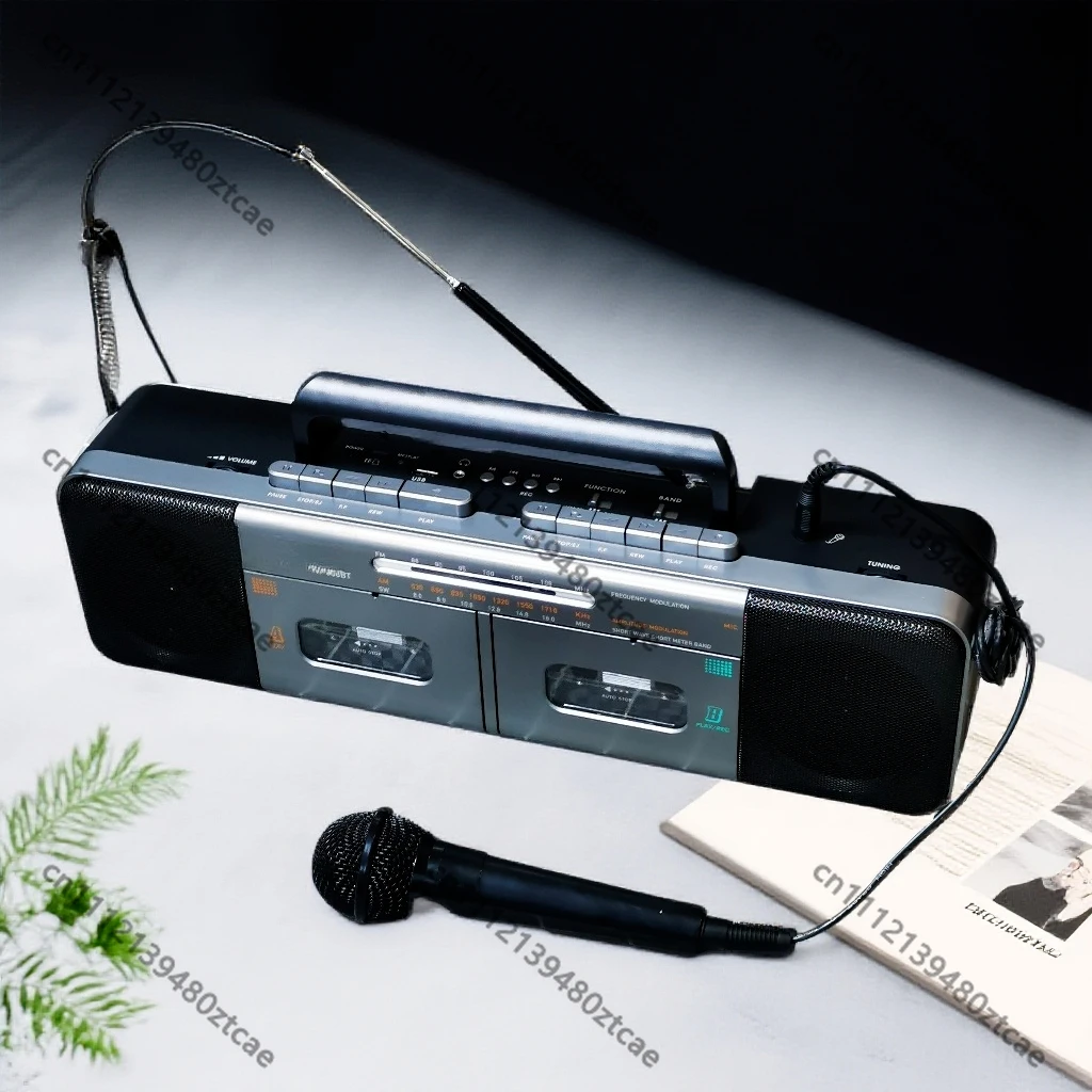 Stereo Dual Cassette Radio Bluetooth Speaker Mic Karaoke Function Rechargeable Tape Player