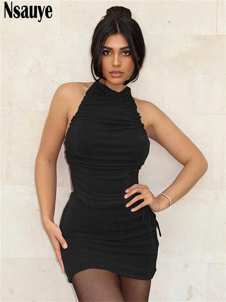 Nsauye Sexy Sleeveless Sim Fashion Halter Y2K Women Crop Tops And Mini Ruched Party High Waisted Skirt Two Piece Set Summer 2024