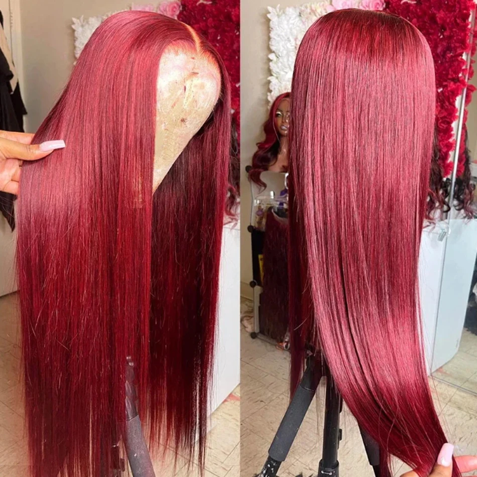 

99J Burgundy Red 13x6 Lace Front Human Hair Wigs Glueless Colored Straight 13x4 HD Lace Frontal Closure Wig 30 38 Inch Red Wig