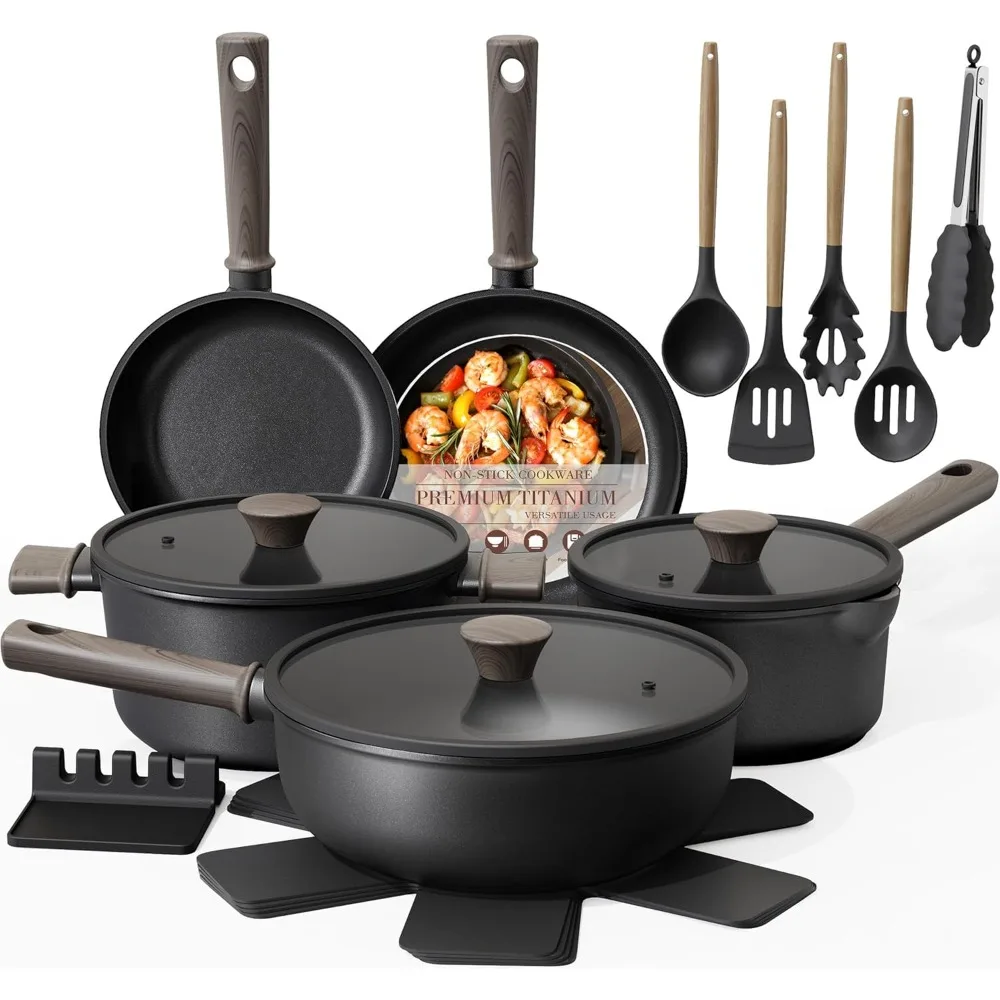 

Astercook, набор из 19 индукционных посуды из черного титана с антипригарным покрытием и здоровая нетоксичная кухонная утварь