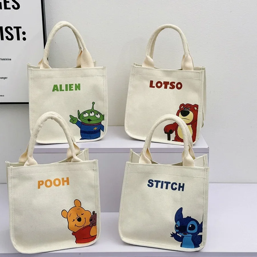 

New Disney Anime Cartoon Cute Canvas Bag Kawaii Stitch Commuting Bento Bags Student Kids Bring Meal Handbag Friend Birthday Gift
