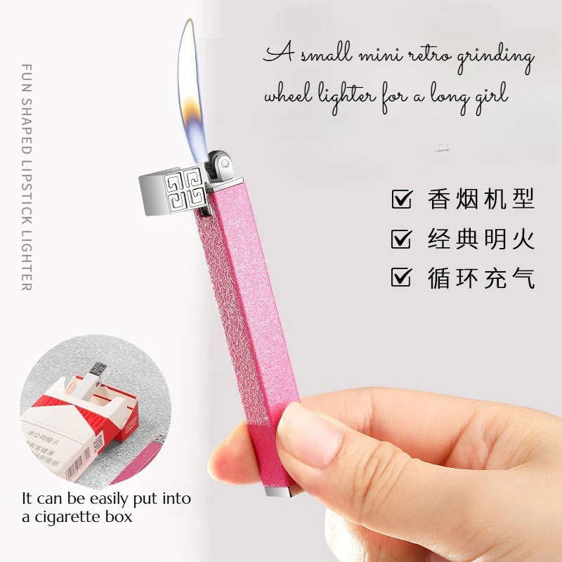 NEW Square-shaped Long Small Mini Grinding Wheel Lighter for Girls Retro Gas-flushed Open Flame Cigarette Accessories Gift