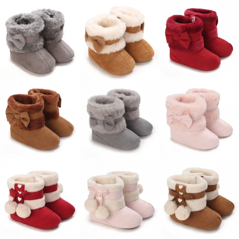 Fashionable Winter Plush Baby Shoes With Butterfly Knot Decoration Cotton Boots Soft Sole Anti Slip Plush Warm 0-18M Baby