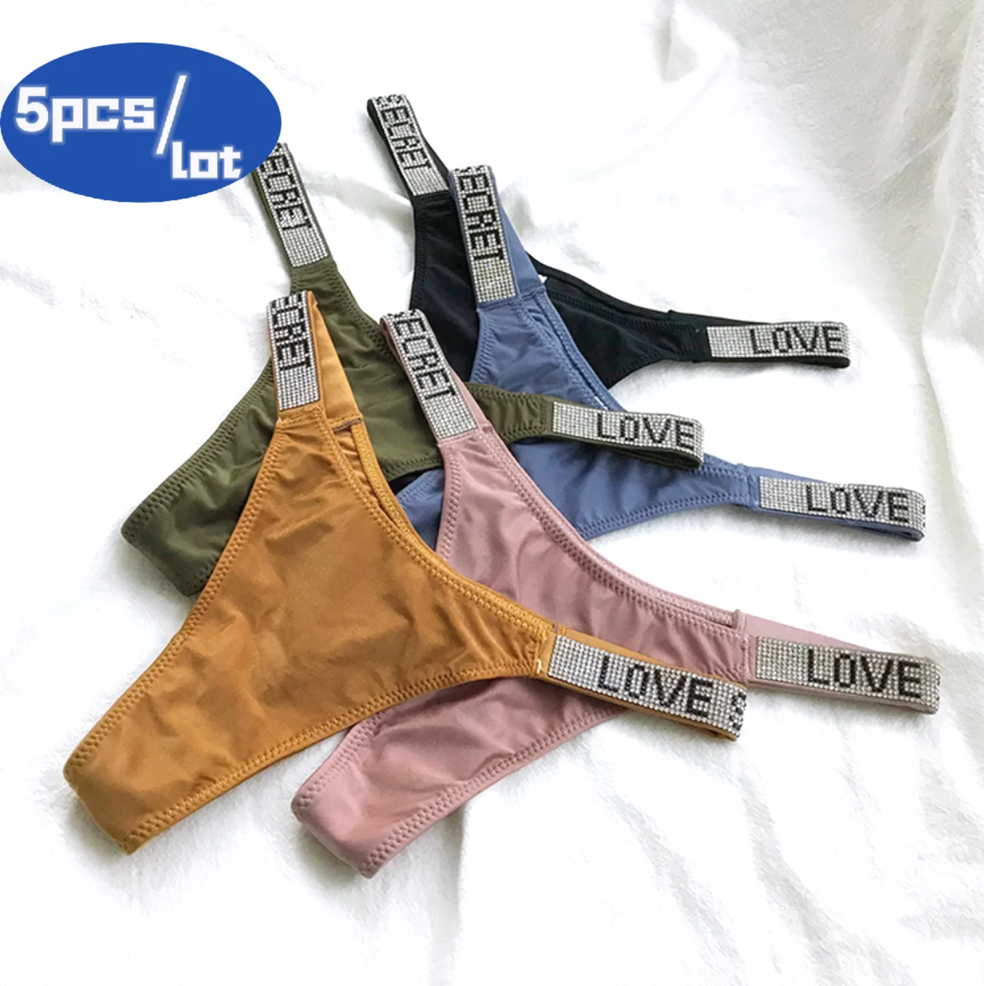 

Custom Logo Love Secret Letter Rhinestone Sexy T-back Bling Diamond Underwear Tanga Panties Designer Famous Brand Thongs #0330