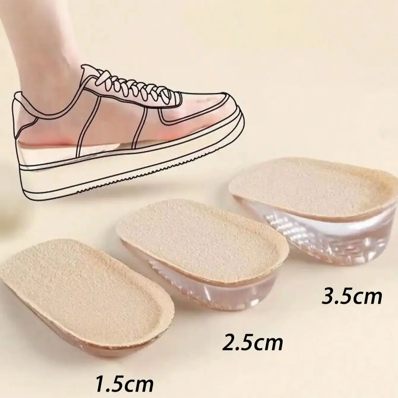 1 Pair Self-Adhesive Invisible Height Increase Insoles, Non-Slip Breathable Suede Honeycomb Silicone Lift Pads for Men & Women