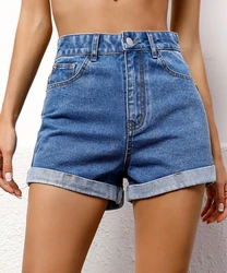 Zipper Fly Roll Up Hem Denim Women Fashion Summer High Waist Pockets Female Straight Leg Jean Shorts for  Womens Shorts