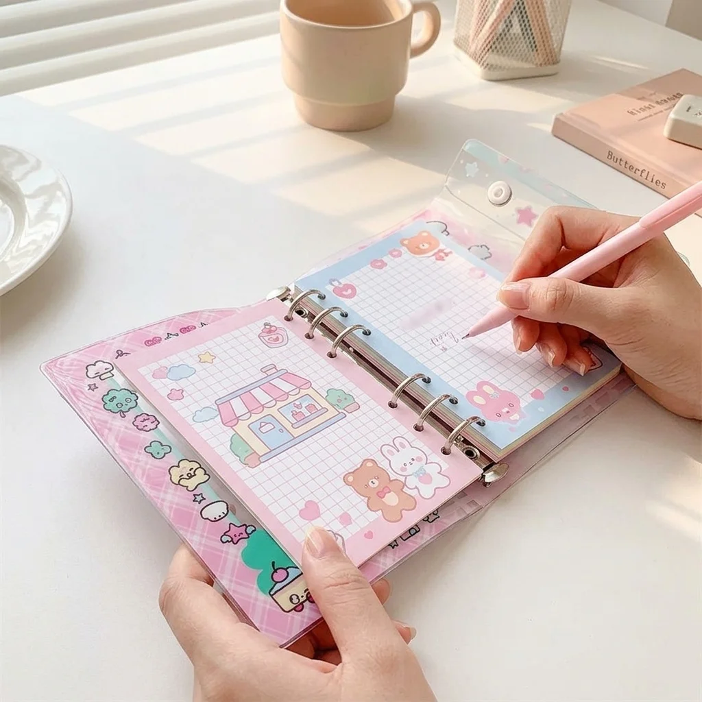 M5 Transparent PVC Loose-leaf Notebook, Cute Cartoon Refillable Portable Journal With Double Button Closure for Students