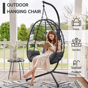 Silla colgante con forma de huevo y cojín, para interior y exterior, de mimbre y ratán, con cadenas dobles, capacidad de 159 kg. 8 best sales Columpio de interior - №2