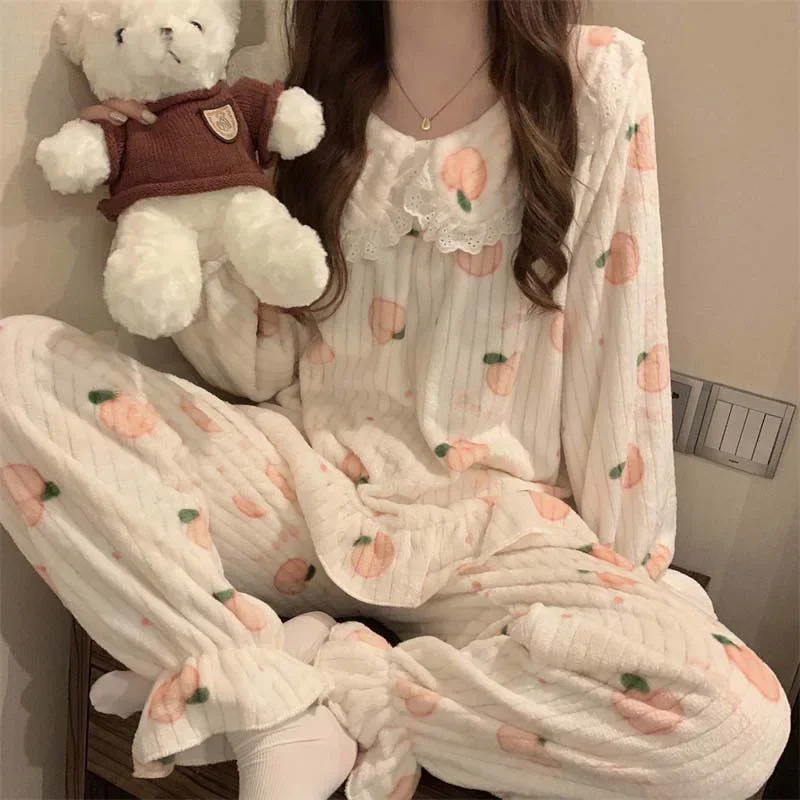 Cartoon Pajama Sets Women Pyjamas Warm Flannel Sleepwear Girl Pijama Set Suit Pant Home Korean Peach Sleep Lace Sleepwear