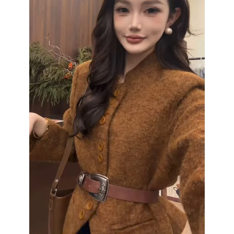 Coffee Short Coat for Women' High-end Fashionable Foreign Style Age-reducing Celebrity Unique Super Good-looking Waist Pinch Top