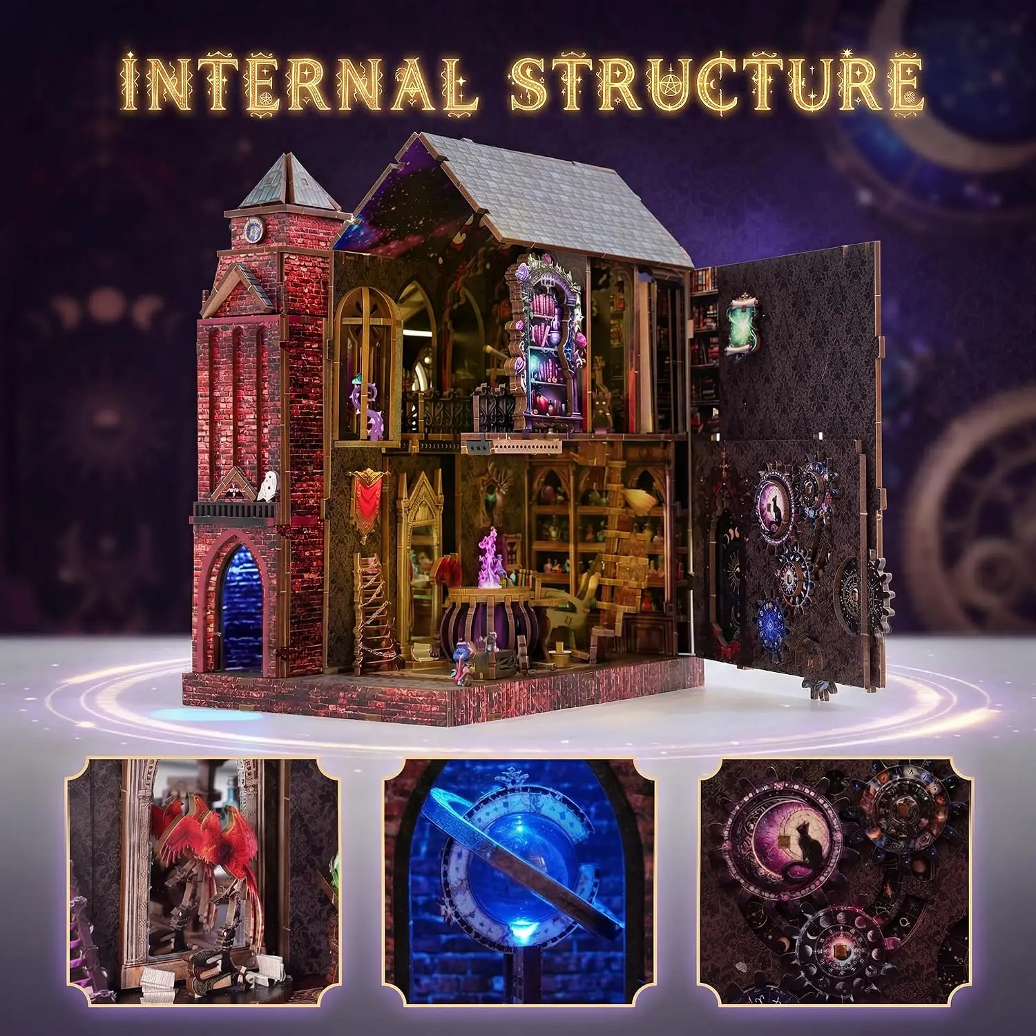 Magic Castle Book Nook Bookshelf Insert Kit – LED Infinity Mirror 3D Wooden Puzzle with Gear Mechanism,368 Pcs DIY Model for Fan